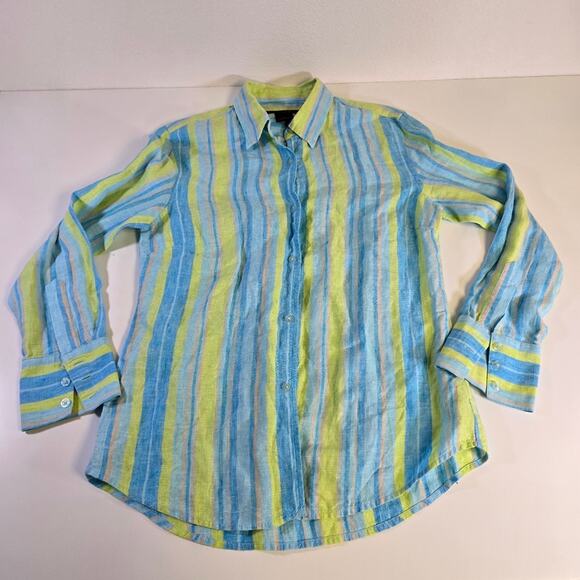 Willi Smith 100% Linen Green Blue Long Sleeve Vertical Stripe Button Down size 6 - Picture 1 of 5